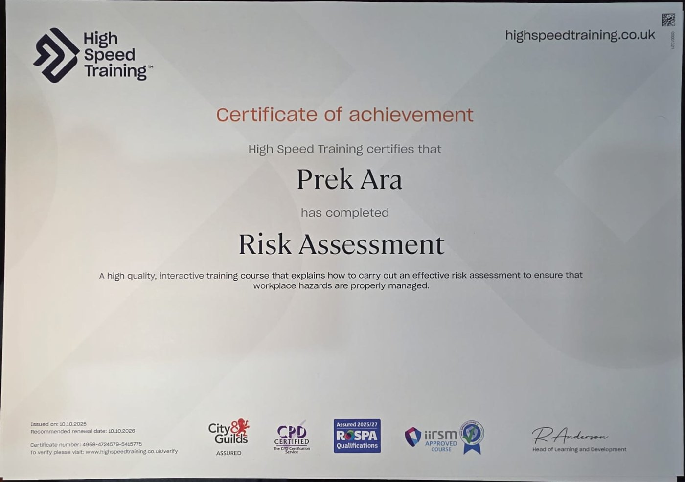 ARA Construction & Design accredited training certificate