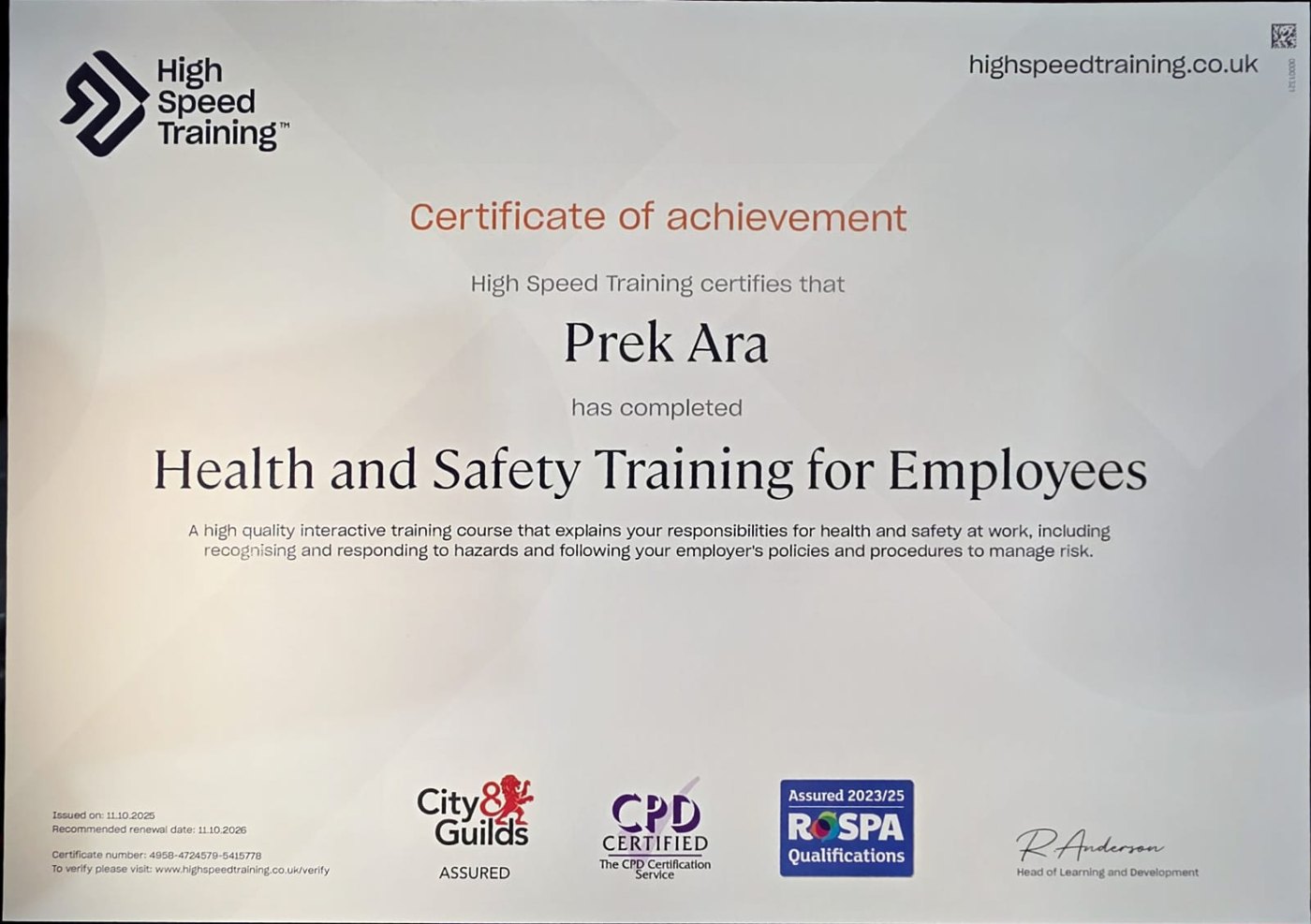 ARA Construction & Design accredited training certificate