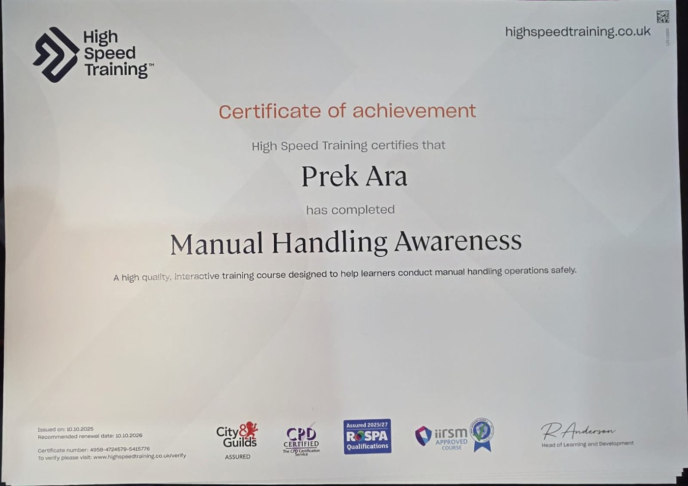 ARA Construction & Design accredited training certificate