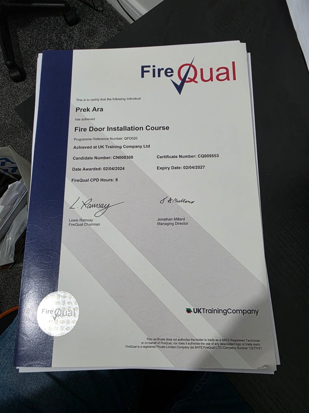 ARA Construction & Design accredited training certificate