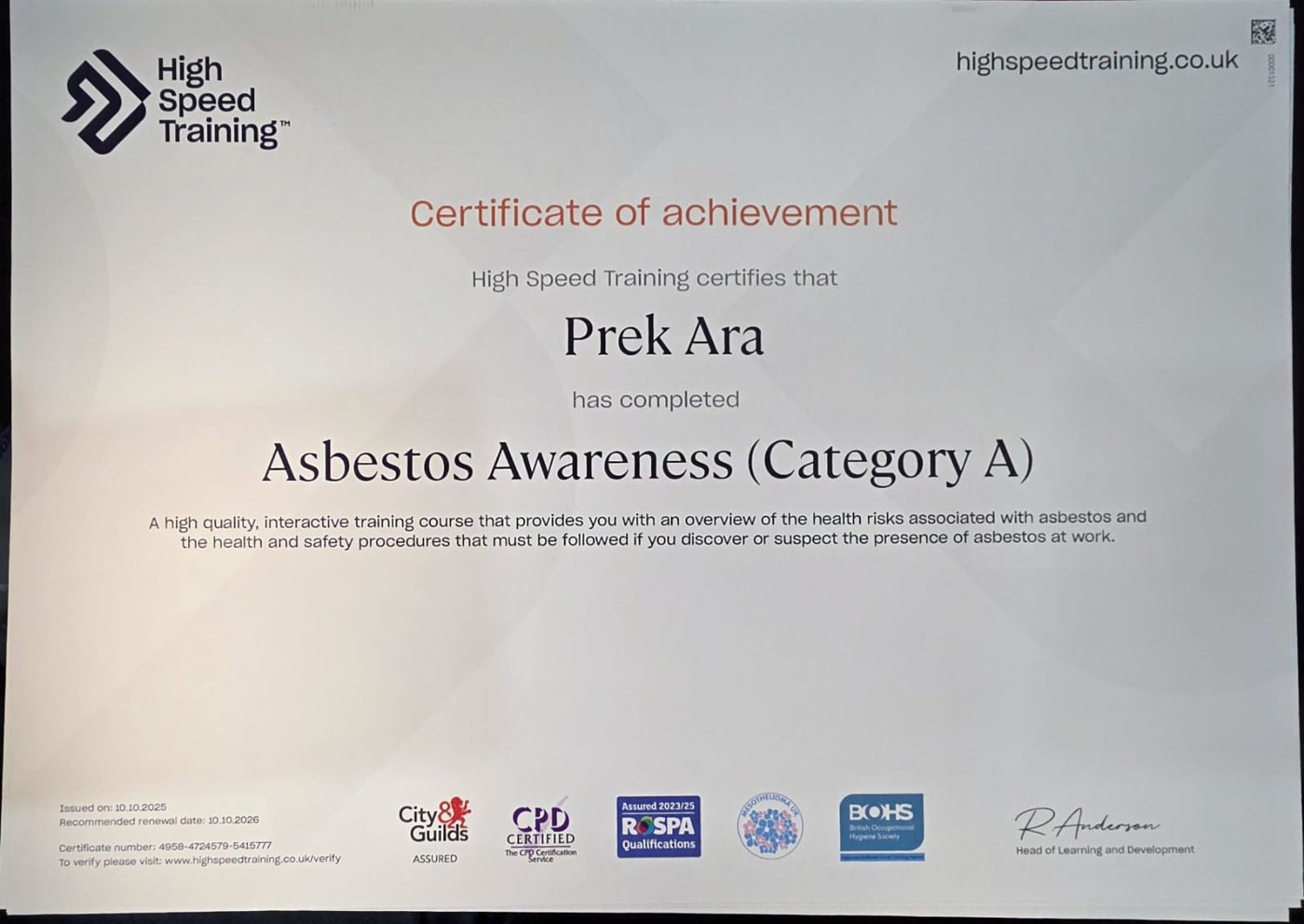 ARA Construction & Design accredited training certificate