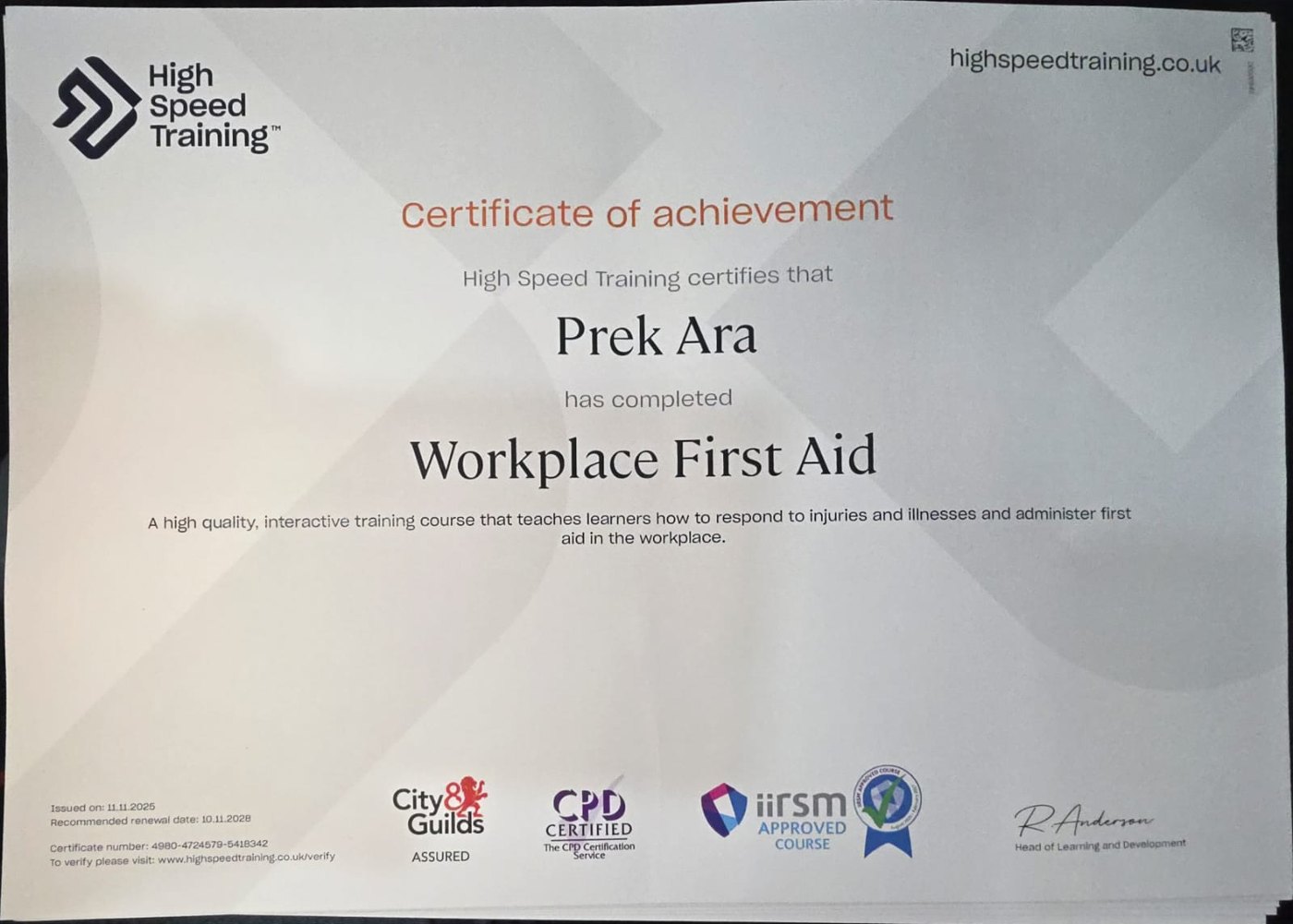 ARA Construction & Design accredited training certificate